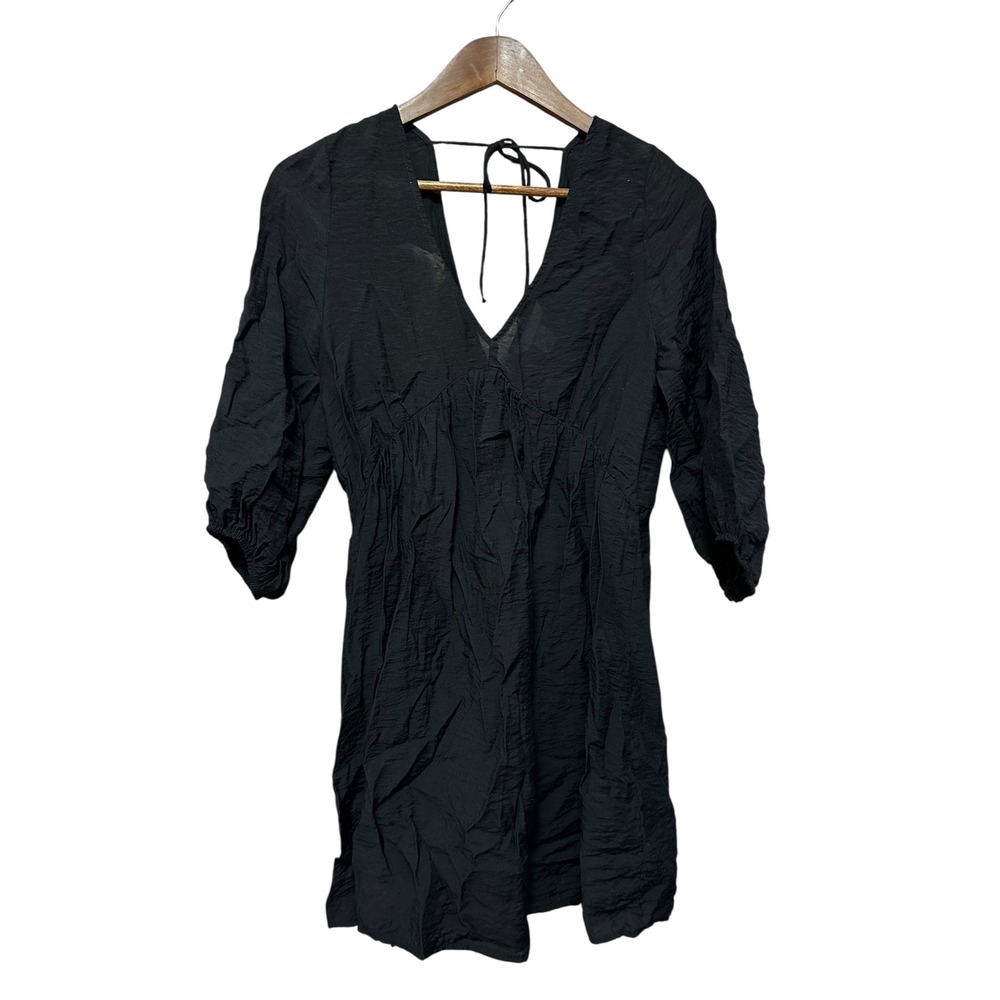 H&M Mini Dress Black V Neck‎ Tie Back 3/4 Sleeve Womens Size XS